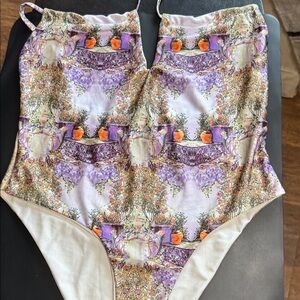NWT PrettyLittleThing Purple Garden Scene Ruched One Piece Swimsuit Size 14